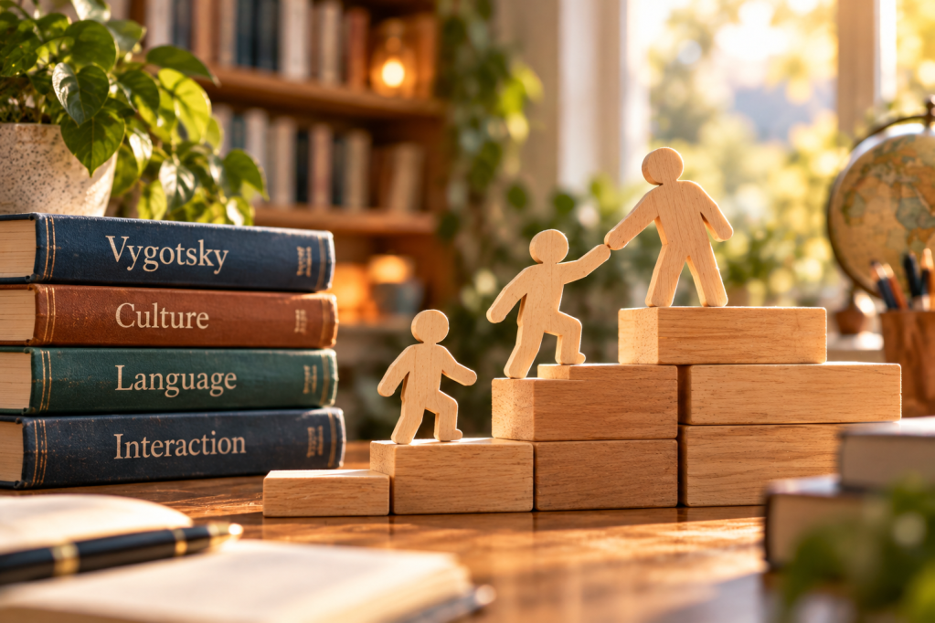 Figuras de madera que se ayudan a subir escalones junto a libros sobre Vygotsky, cultura, lenguaje e interacción.