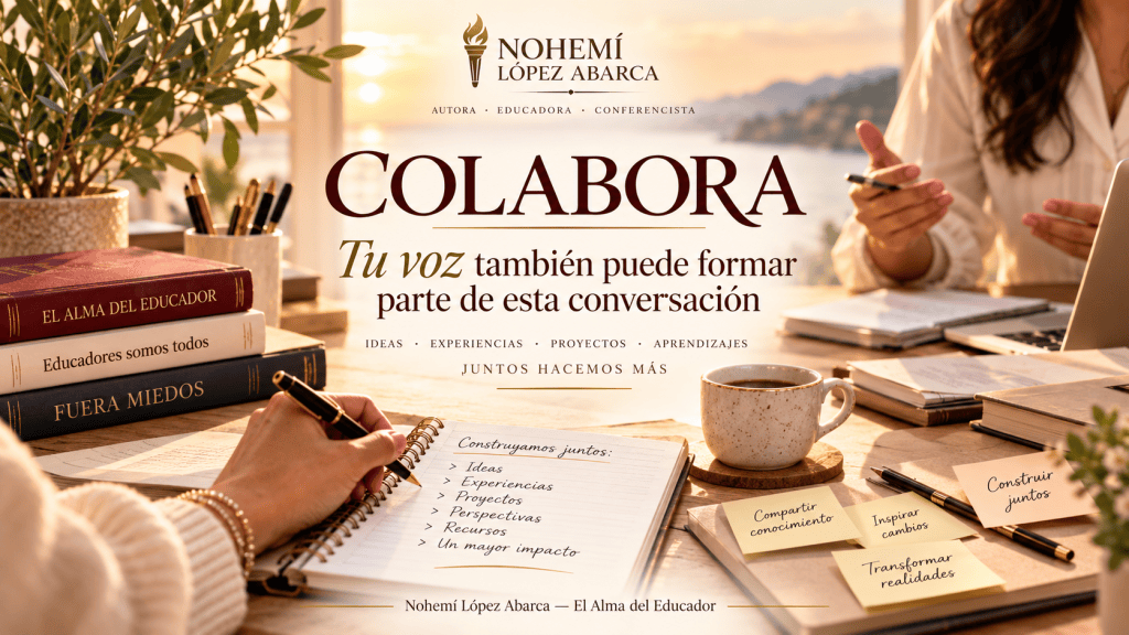 Mesa de trabajo colaborativo con cuadernos, libros y materiales que representan intercambio de ideas, experiencias y proyectos.