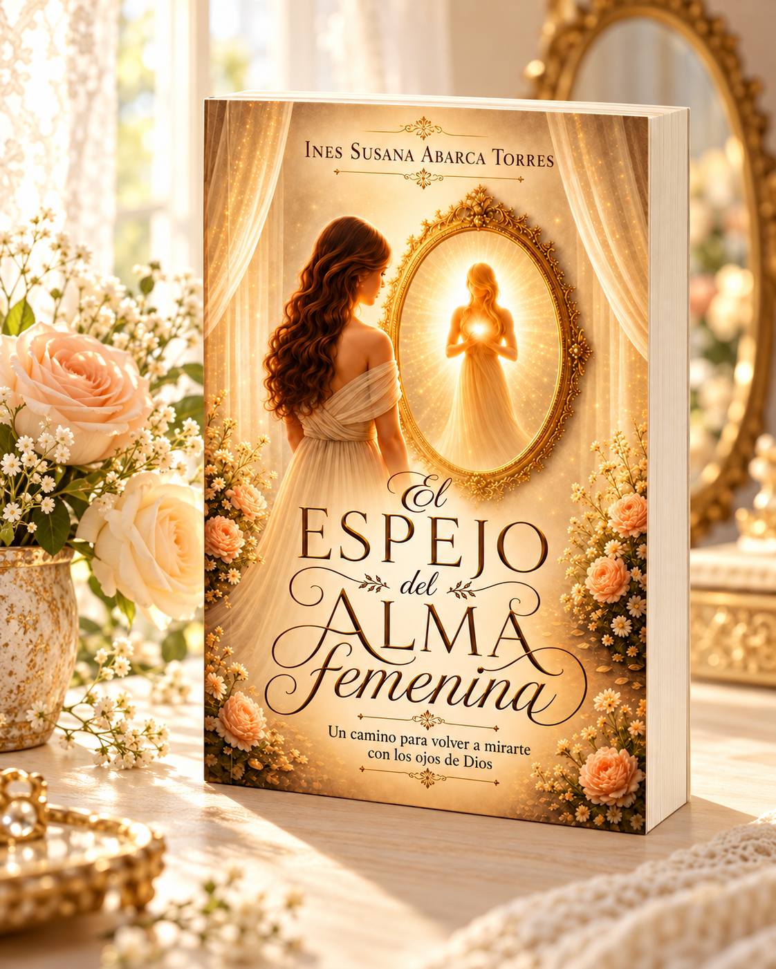 El Espejo del Alma Femenina de Inés Susana Abarca Torres sobre una mesa, acompañado de rosas y un espejo dorado.