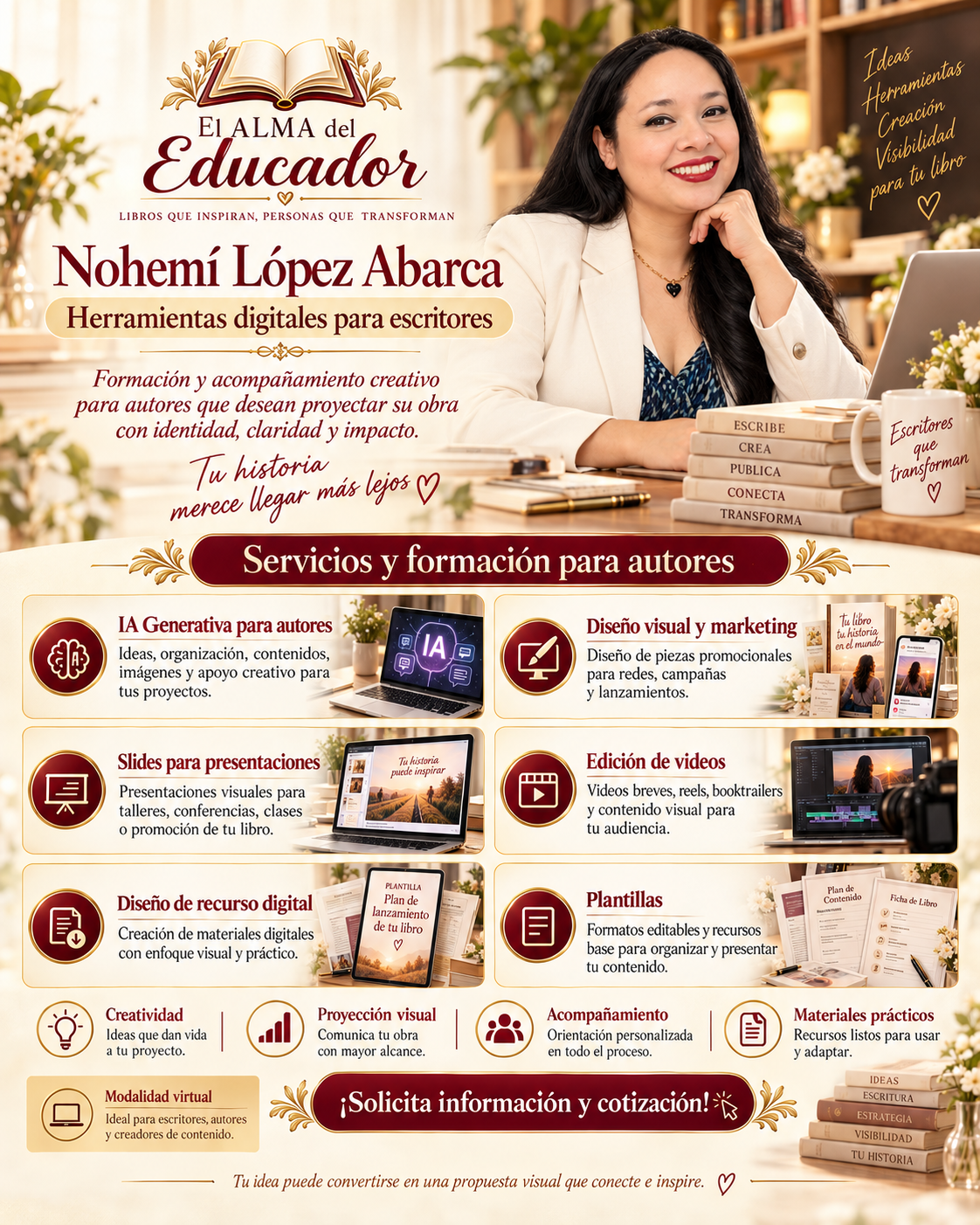 Servicios y formación para autores: IA generativa, diseño visual y marketing, presentaciones, edición de videos, recursos digitales y plantillas.