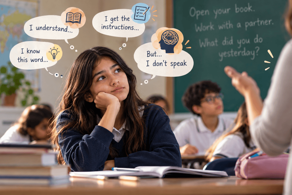 Estudiante que comprende instrucciones en inglés pero aún duda al hablar.