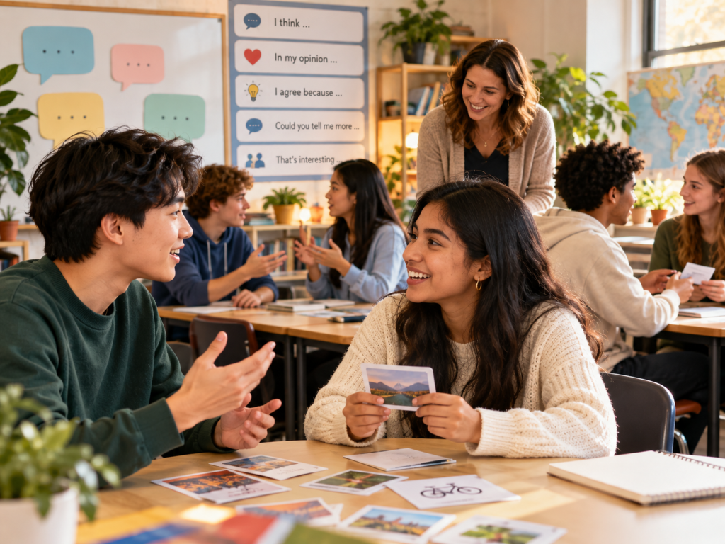 Estudiantes practicando conversación en inglés en parejas con apoyo docente.