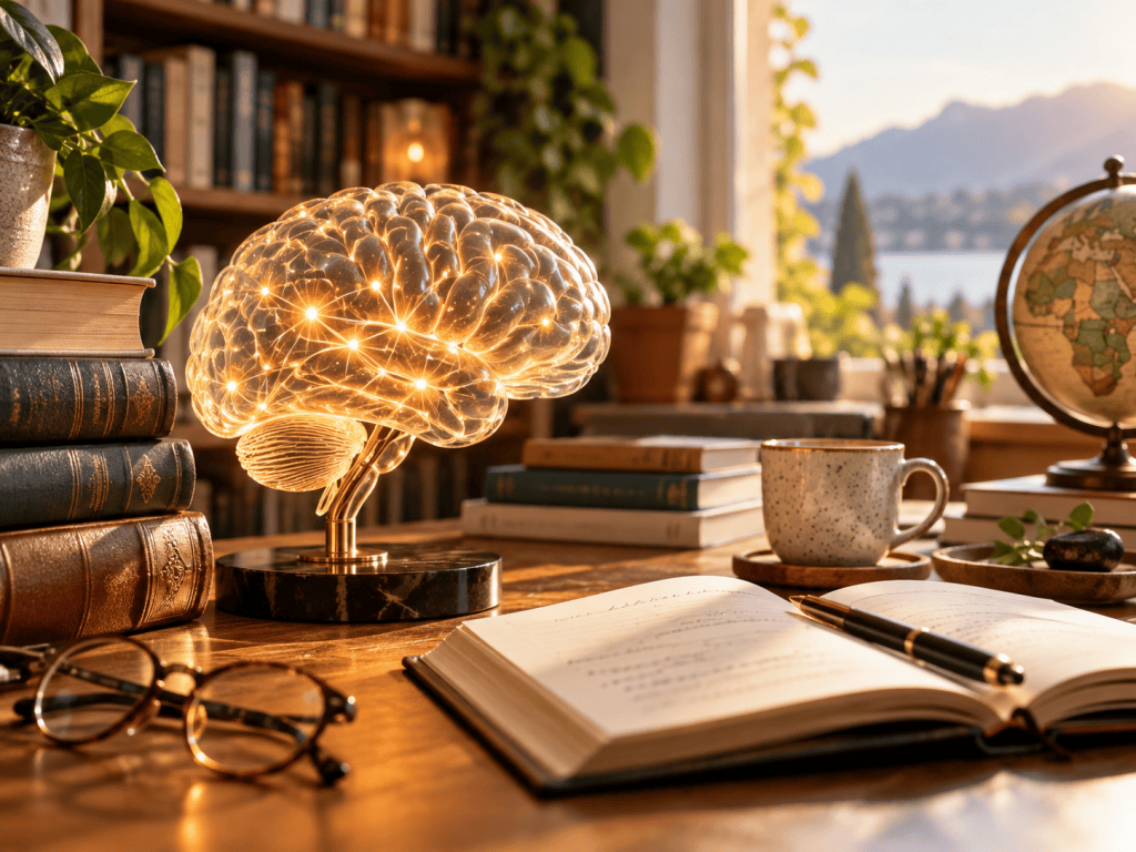 Cerebro iluminado como símbolo de neuroplasticidad y aprendizaje a lo largo de la vida.