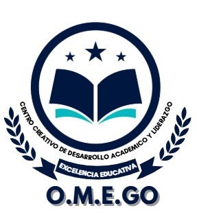 Logotipo de OMEGO con libro, estrellas y ramas.