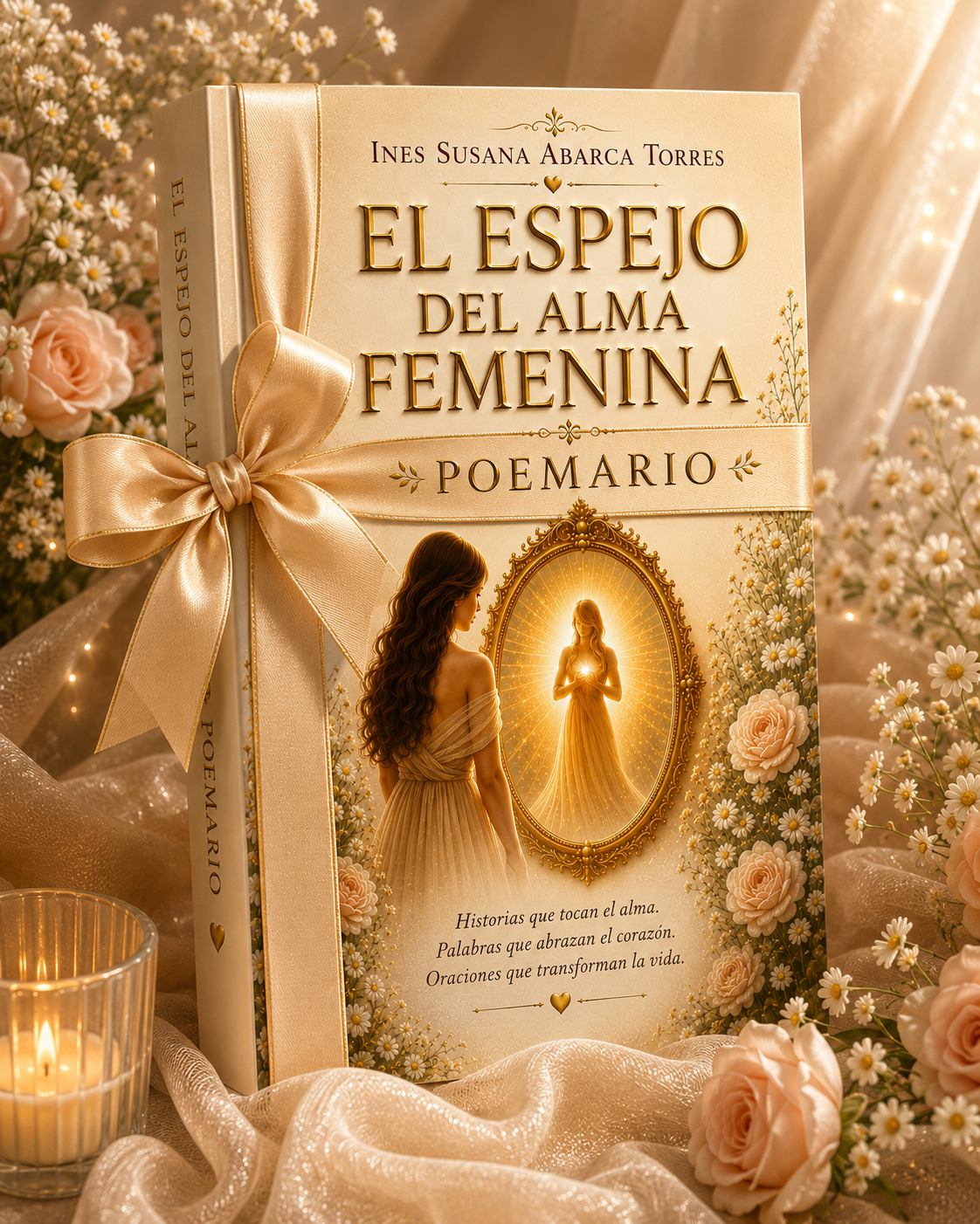 Poemario El Espejo del Alma Femenina de Inés Susana Abarca Torres, presentado con un lazo dorado entre flores.