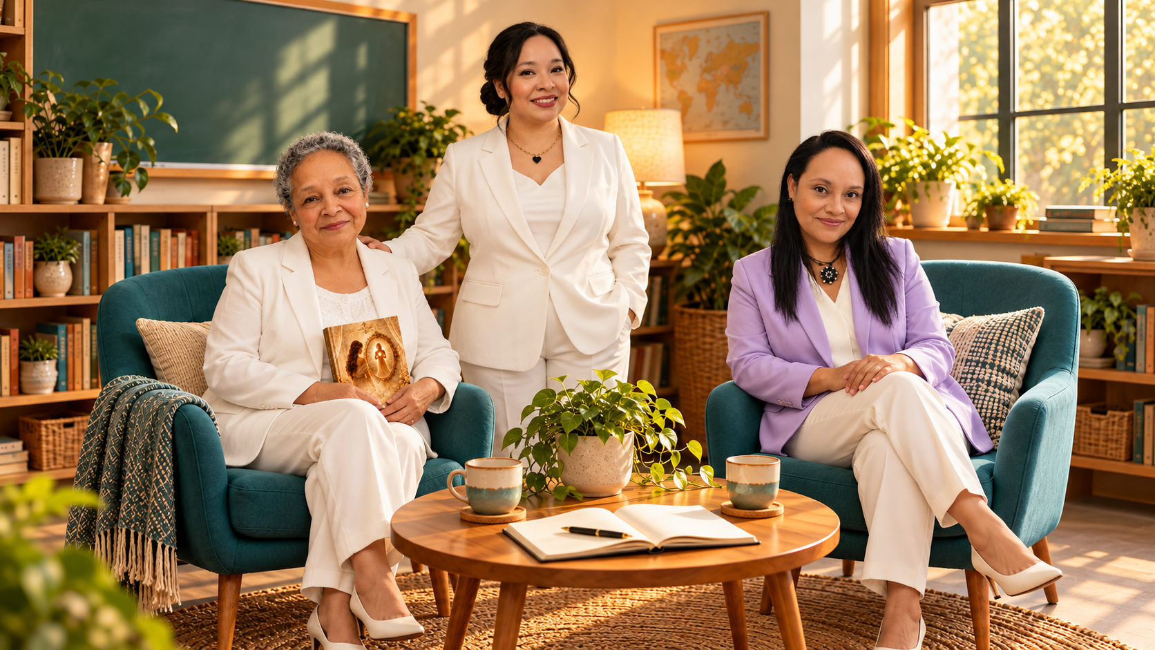 Inés Susana Abarca Torres y Susy López Abarca sentadas, con Nohemí López Abarca de pie entre ellas en una sala de lectura.