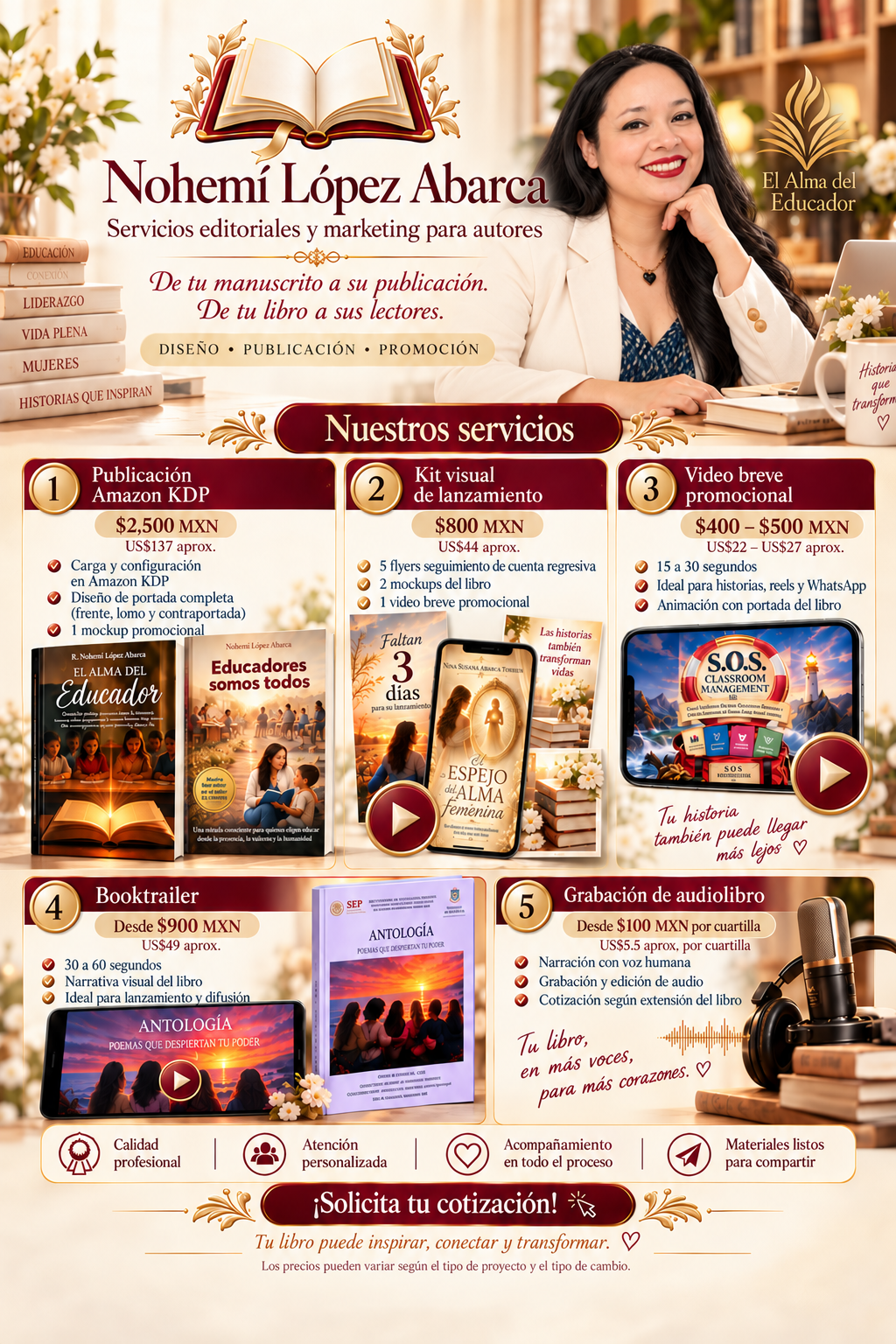 Servicios editoriales y marketing para autores de Nohemí López Abarca, con precios y opciones de publicación y promoción.