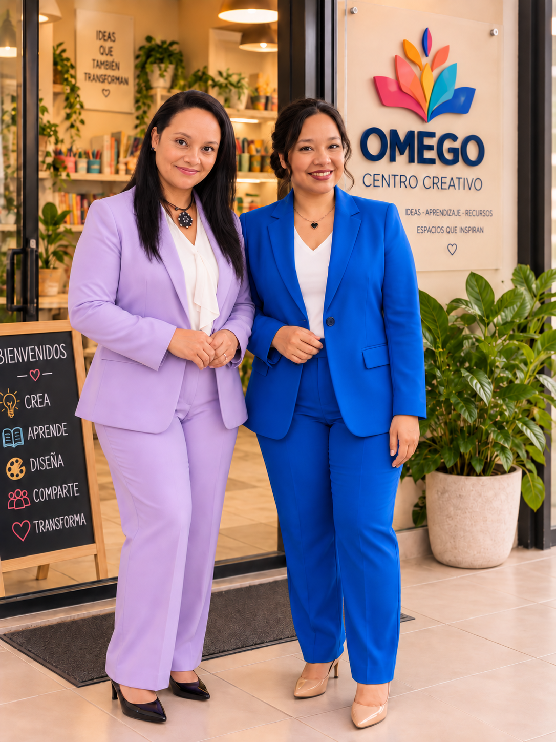 Susy López Abarca, con traje lila, y Nohemí López Abarca, con traje azul, directoras de OMEGO Centro Creativo de Desarrollo Académico.