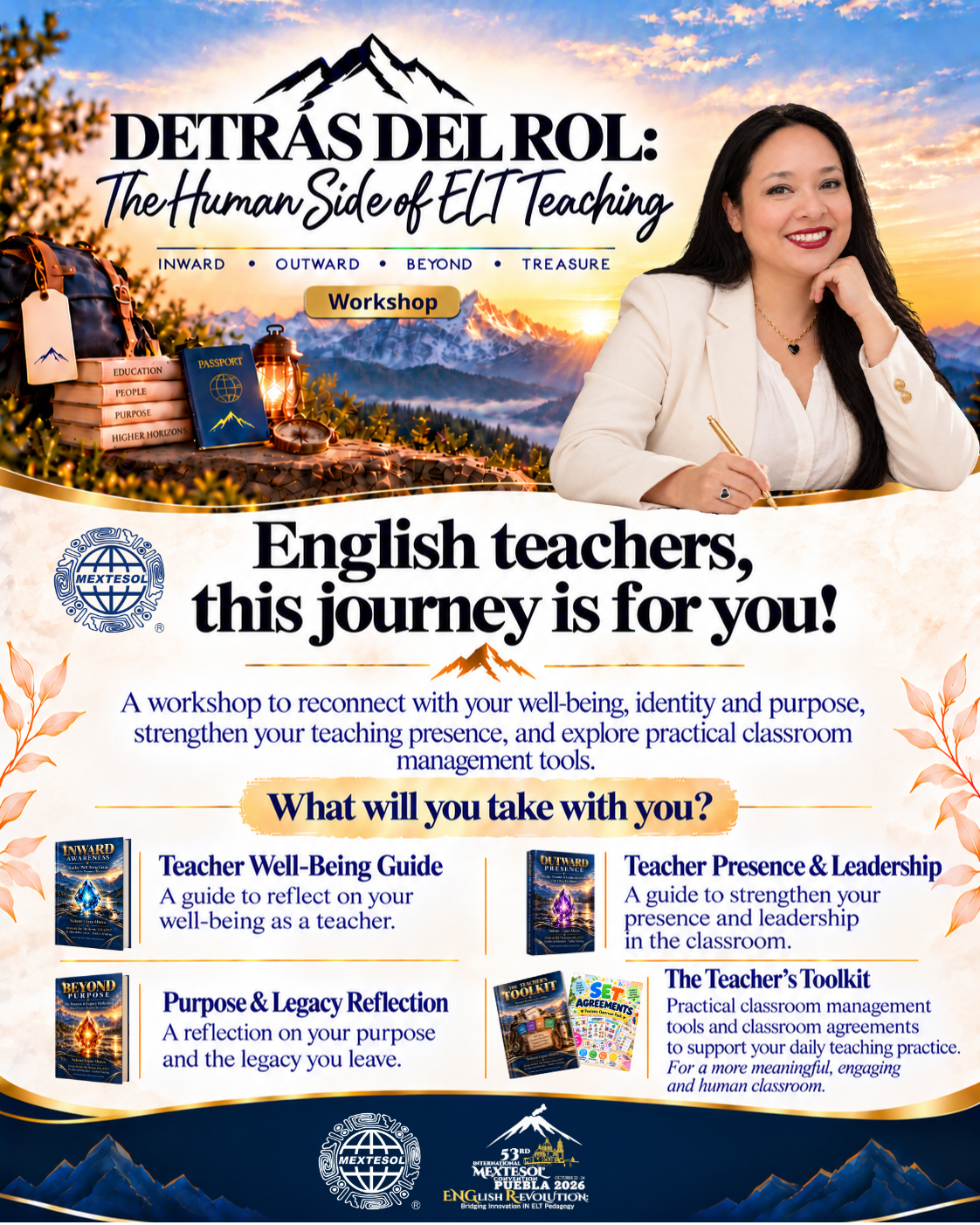 Flyer del workshop Detrás del Rol, MEXTESOL 2026, con Nohemí López Abarca y recursos para docentes.